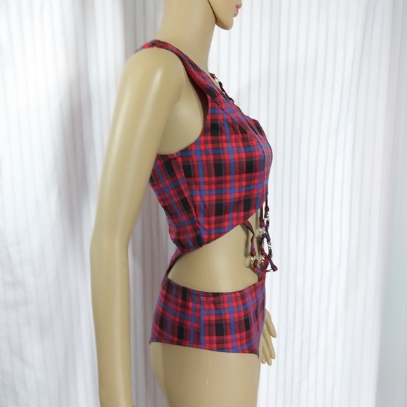 DOLLS KILL Silky Lined Red Plaid Bodysuit w Straps & O-Rings NWT Sz S - Picture 8 of 16